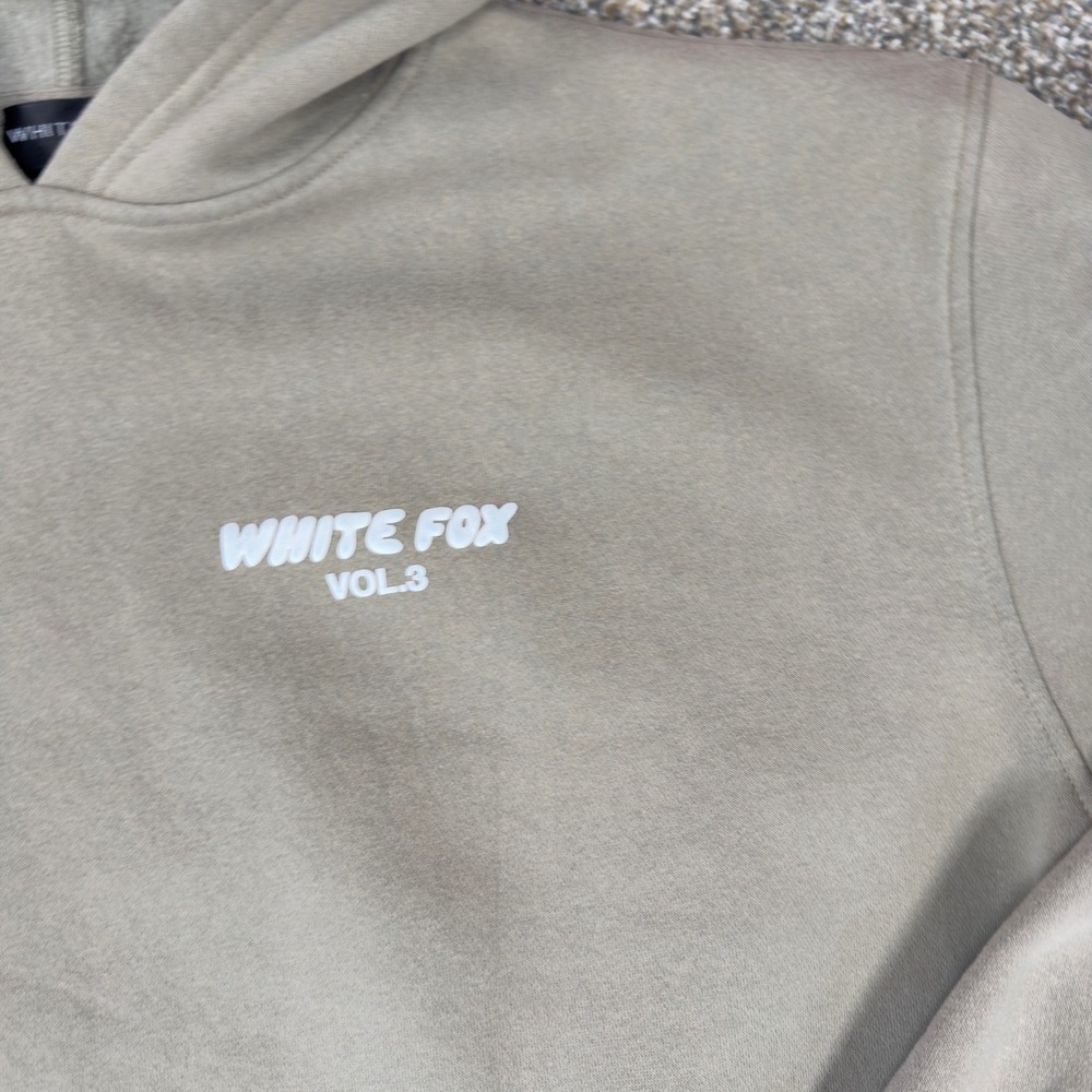 White Fox Vol 3 Oversized Hoodie Taupe Tan Fleece Sweatshirt XS/S Logo Graphic - Picture 10 of 10